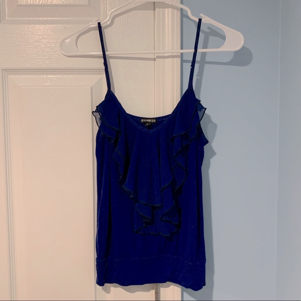 Express blue tank top with ruffle front
